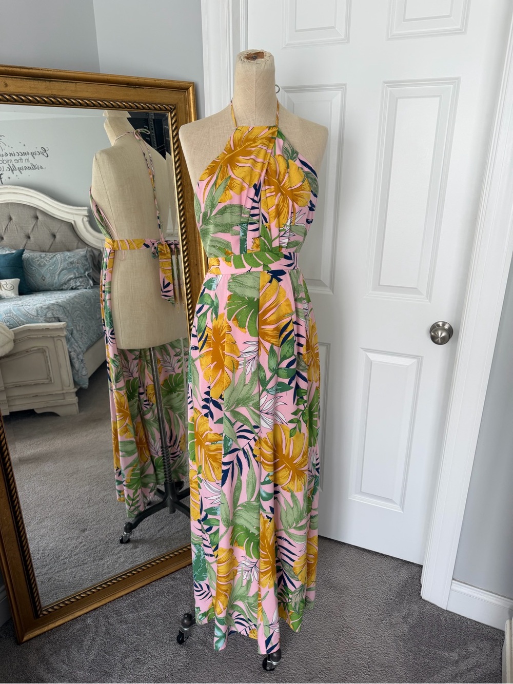 Halter Tropical Print Jumpsuit in Pink and Yellow